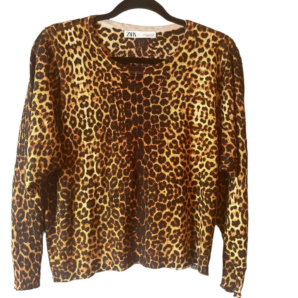 Zara Metallic Leopard Print Pullover Sweater Stretch Black Gold Size Medium M